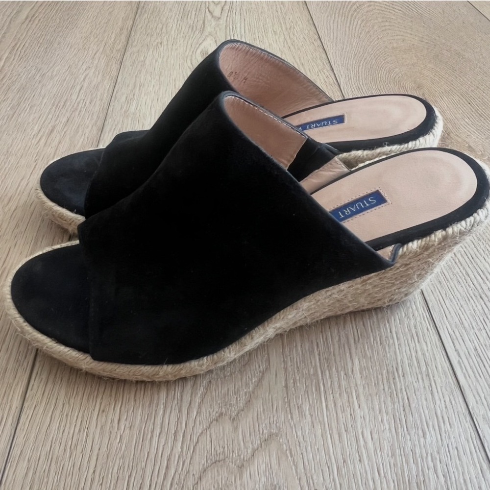 Stuart Weitzman Suede Espadrille Wedge Mules Open Toe Sandals. Black. Womens 8.5 - Picture 3 of 10